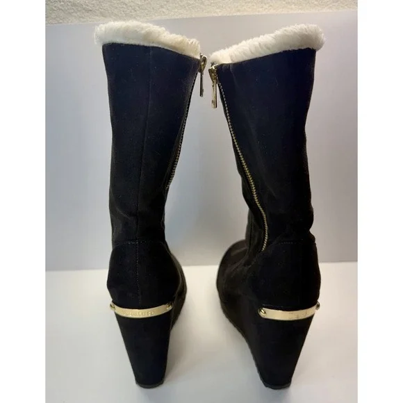 JUICY COUTURE Jckasia Black Suede Faux Fur Lining Mid Calf Wedge Boots Sz 6 - Picture 6 of 9